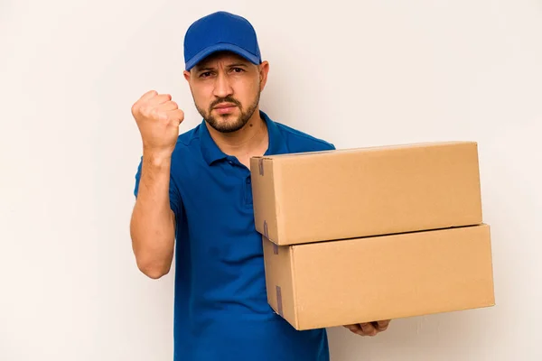 Homem Parto Hispânico Isolado Fundo Branco Mostrando Punho Para Câmera — Fotografia de Stock