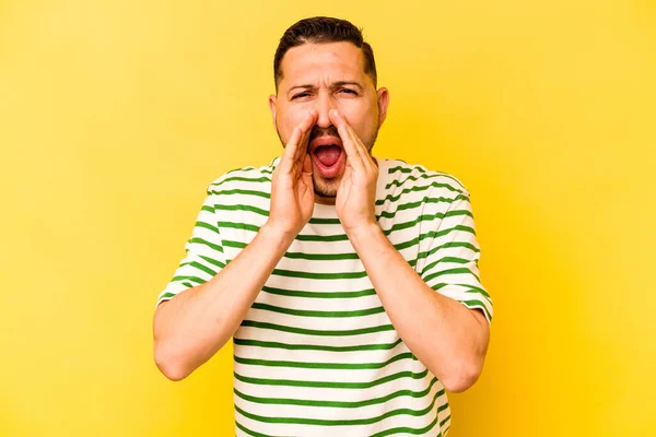 Young Hispanic Man Isolated Yellow Background Shouting Excited Front — Stock Photo, Image