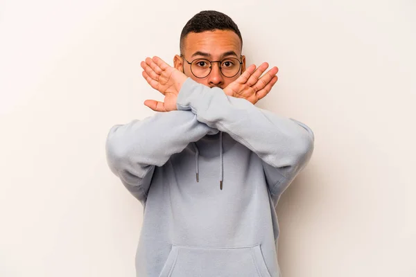 Young Hispanic Man Isolated White Background Doing Denial Gesture — ストック写真