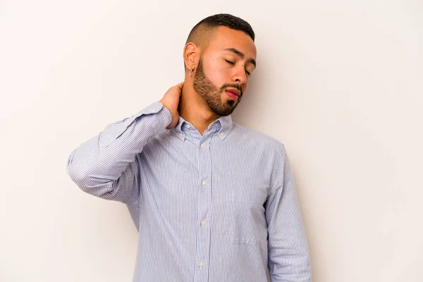 Young Hispanic Man Isolated White Background Having Neck Pain Due — Stock Photo, Image