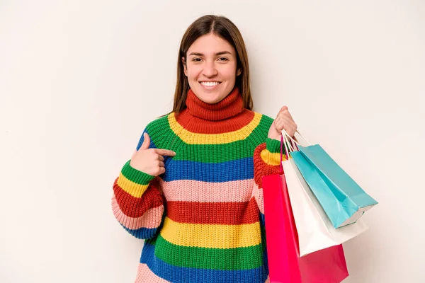 Ung Kaukasisk Kvinna Till Shopping Isolerad Vit Bakgrund Person Som — Stockfoto