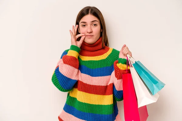 Ung Kaukasisk Kvinna Till Shopping Isolerad Vit Bakgrund Med Fingrar — Stockfoto