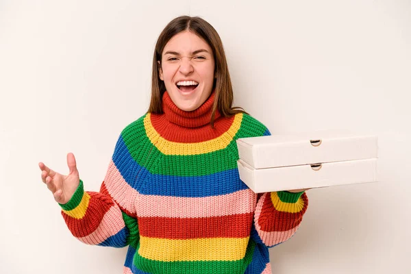 Young Woman Holding Pizzas Isolated White Background Receiving Pleasant Surprise — Stock Photo, Image