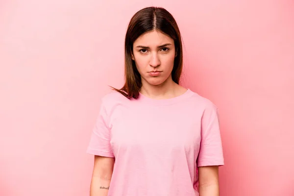 Young Caucasian Woman Isolated Pink Background Sad Serious Face Feeling — Stock Photo, Image