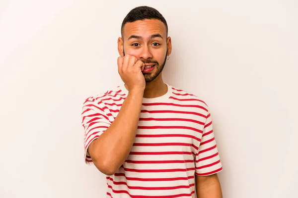 Young Hispanic Man Isolated White Background Biting Fingernails Nervous Very — 스톡 사진
