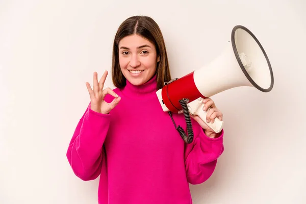 Young Caucasian Woman Holding Megaphone Isolated White Background Cheerful Confident — Stock Photo, Image