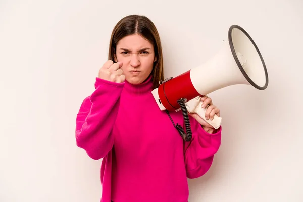 Young Caucasian Woman Holding Megaphone Isolated White Background Showing Fist — Stock Photo, Image