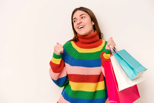 Ung Kaukasisk Kvinna Till Shopping Isolerad Vita Bakgrundspunkter Med Tummen — Stockfoto