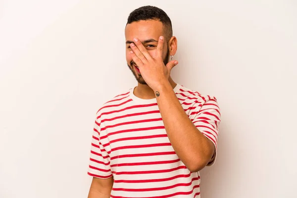 Young Hispanic Man Isolated White Background Blink Camera Fingers Embarrassed — 스톡 사진