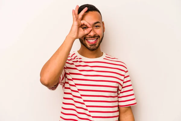 Young Hispanic Man Isolated White Background Excited Keeping Gesture Eye — 스톡 사진