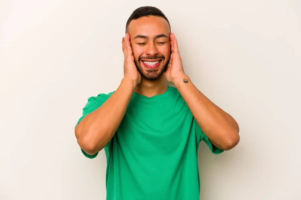 Young Hispanic Man Isolated White Background Laughs Joyfully Keeping Hands — 스톡 사진