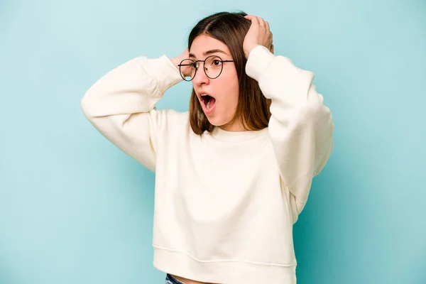 Young Caucasian Woman Isolated Blue Background Screaming Very Excited Passionate — Stock Photo, Image