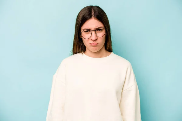 Jonge Blanke Vrouw Geïsoleerd Blauwe Achtergrond Verdrietig Ernstig Gezicht Het — Stockfoto