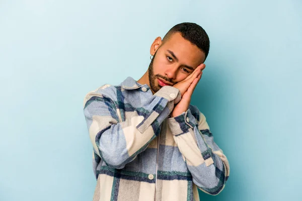 Young Hispanic Man Isolated Blue Background Yawning Showing Tired Gesture — 스톡 사진