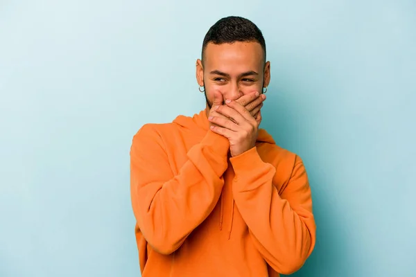 Young Hispanic Man Isolated Blue Background Laughing Something Covering Mouth — 스톡 사진