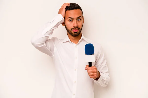 Young Hispanic Presenter Isolated Blue Background Being Shocked She Has — Stockfoto