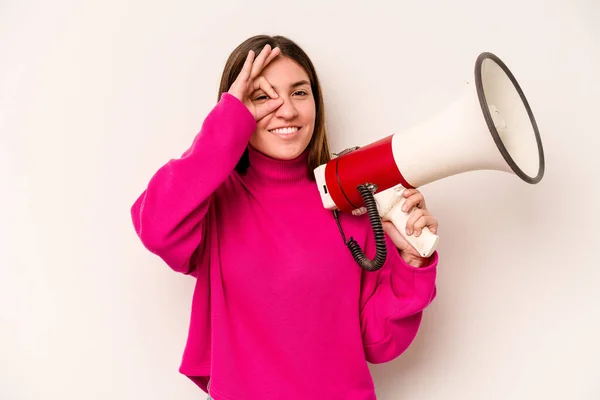 Young Caucasian Woman Holding Megaphone Isolated White Background Excited Keeping — Stock Photo, Image