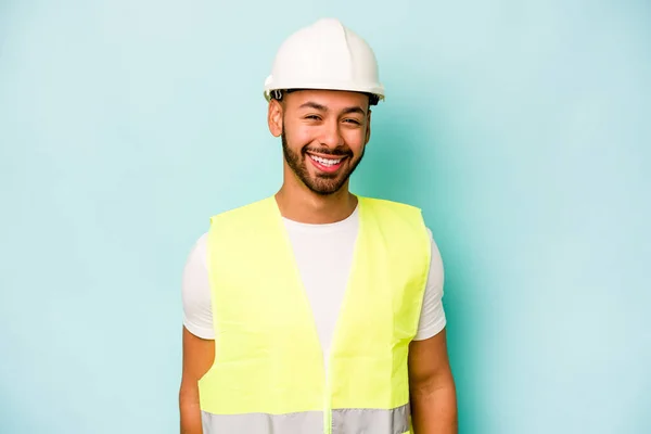 Young Laborer Hispanic Man Isolated Blue Background Laughing Having Fun — 스톡 사진