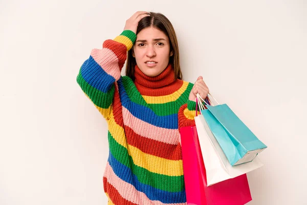 Ung Kaukasisk Kvinna Till Shopping Isolerad Vit Bakgrund Blir Chockad — Stockfoto