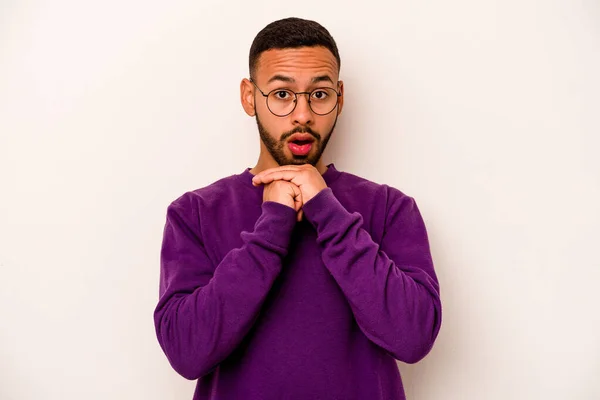 Young Hispanic Man Isolated White Background Praying Luck Amazed Opening — ストック写真