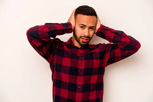 Young Hispanic Man Isolated White Background Covering Ears Hands Trying — 스톡 사진