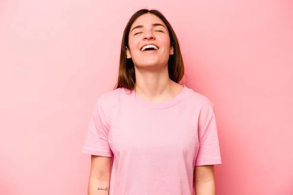 Young Caucasian Woman Isolated Pink Background Relaxed Happy Laughing Neck — Stock Photo, Image