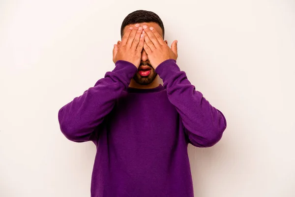 Young Hispanic Man Isolated White Background Afraid Covering Eyes Hands — 스톡 사진