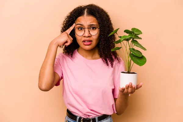 Ung Afroamerikansk Kvinna Håller Växt Isolerad Beige Bakgrund Visar Besvikelse — Stockfoto