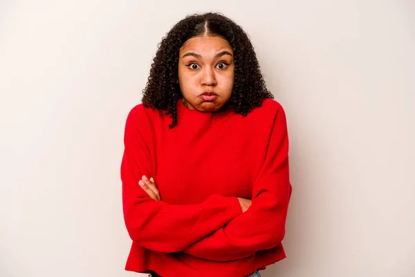 Young African American Woman Isolated White Background Blows Cheeks Has — Stock Photo, Image