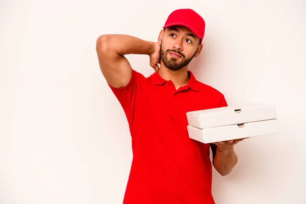 Young Hispanic Delivery Man Holding Pizzas Isolated White Background Touching — 图库照片