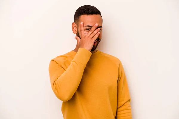 Young Hispanic Man Isolated White Background Blink Camera Fingers Embarrassed — ストック写真