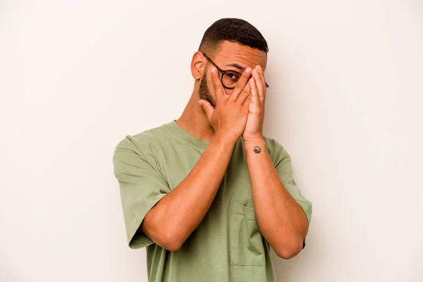 Young Hispanic Man Isolated White Background Blink Fingers Frightened Nervous — 스톡 사진