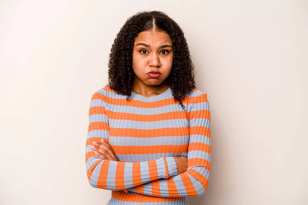 Young African American Woman Isolated White Background Blows Cheeks Has — Stock Photo, Image