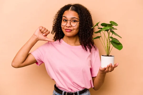 Young African American Woman Holding Plant Isolated Beige Background Feels — 스톡 사진