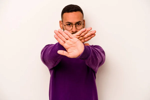 Young Hispanic Man Isolated White Background Doing Denial Gesture — ストック写真