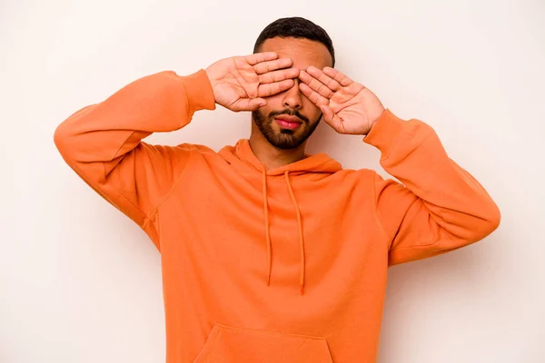 Young Hispanic Man Isolated White Background Afraid Covering Eyes Hands — 스톡 사진