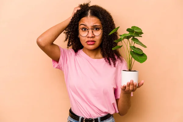 Young African American Woman Holding Plant Isolated Beige Background Being — 스톡 사진