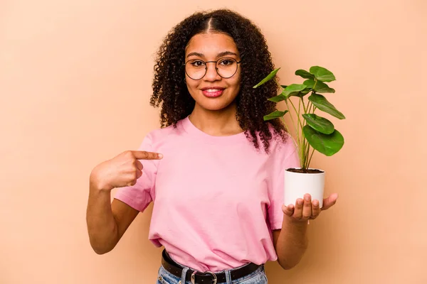 Young African American Woman Holding Plant Isolated Beige Background Person — Stock fotografie