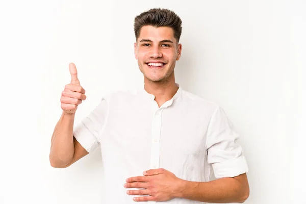 Young Caucasian Man Isolated White Background Touches Tummy Smiles Gently — Stock Photo, Image