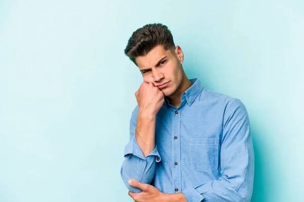 Young Caucasian Man Isolated Blue Background Who Feels Sad Pensive — Stock Photo, Image
