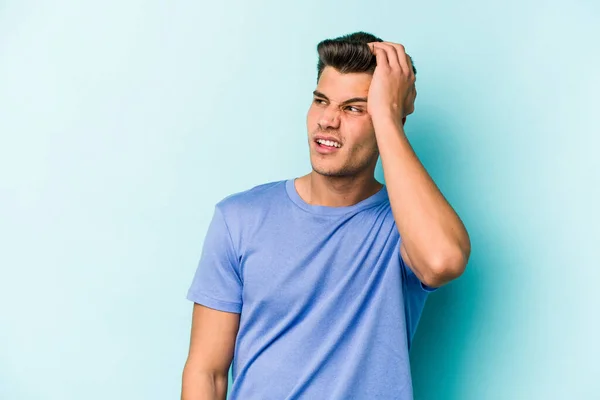 Young Caucasian Man Isolated Blue Background Being Shocked She Has — Stock Photo, Image