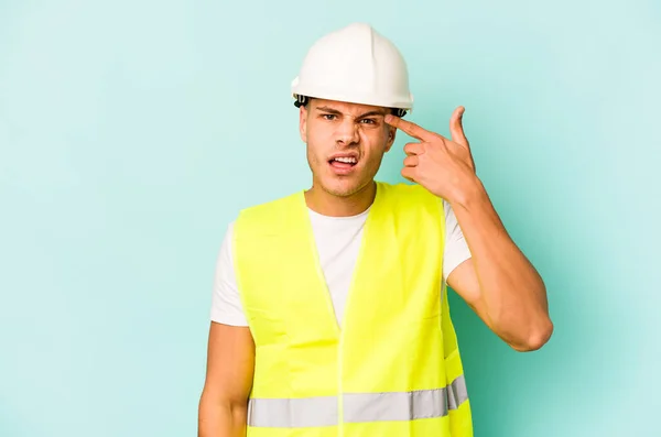 Young Laborer Caucasian Man Isolated Blue Background Showing Disappointment Gesture — 스톡 사진