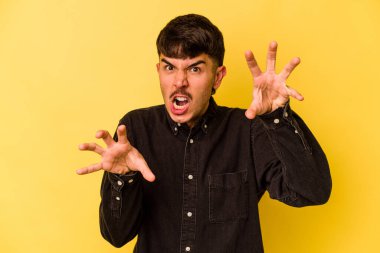 Sarı arka planda izole edilmiş genç beyaz adam gergin elleriyle çığlık atıyor..