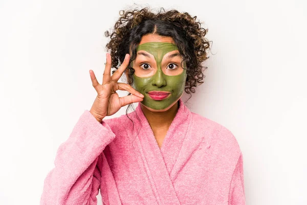 Young Hispanic Woman Wearing Facial Mask Isolated White Background Fingers — Stock Photo, Image