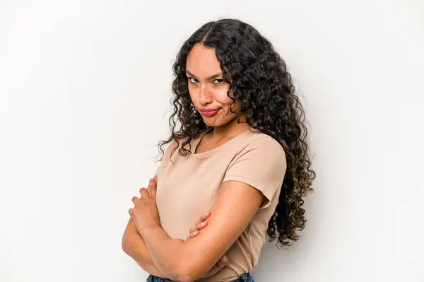 Young Hispanic Woman Isolated White Background Frowning Face Displeasure Keeps — Zdjęcie stockowe