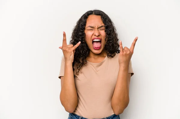 Young Hispanic Woman Isolated White Background Showing Horns Gesture Revolution — Foto de Stock