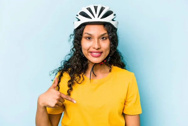 Young Hispanic Woman Wearing Helmet Bike Isolated Blue Background Person — Stock Photo, Image