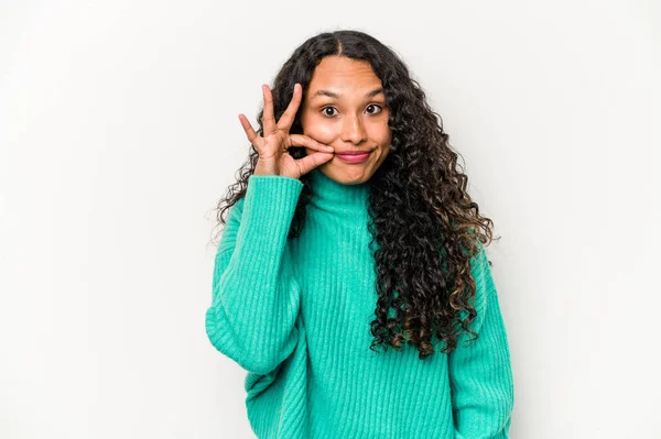 Young Hispanic Woman Isolated White Background Fingers Lips Keeping Secret — Stock Photo, Image