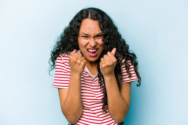 Young Hispanic Woman Isolated Blue Background Upset Screaming Tense Hands — Stock Photo, Image
