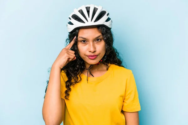 Young Hispanic Woman Wearing Helmet Bike Isolated Blue Background Pointing — Photo